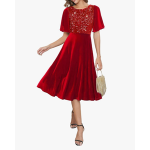 Meetjen Women's Velvet Dresses Crew Neck Fall Wedding Guest Elegant Short Sleeve Midi Sequin Cocktail Party Dress 2XL