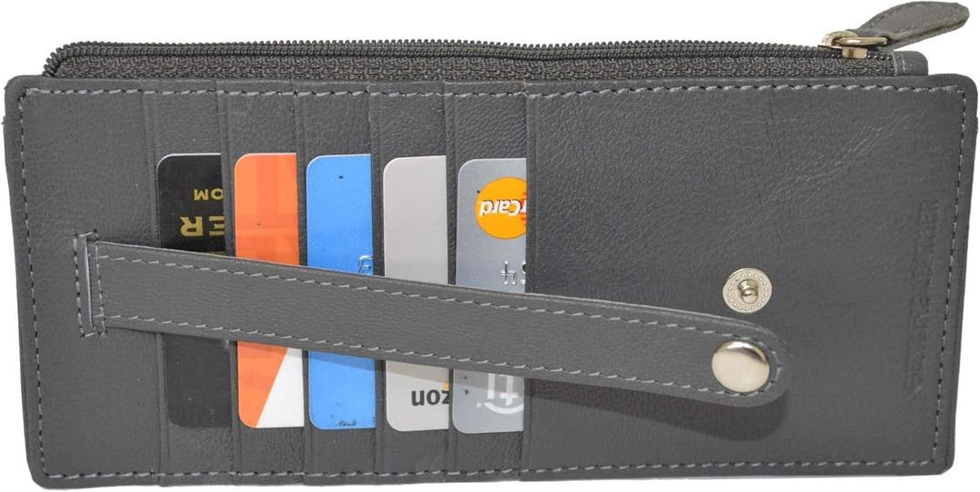 Leatherboss Genuine Leather Women's All in One Credit Business Card Case Holder Slim Zipper Wallet With a Card Protection Strap, Gray