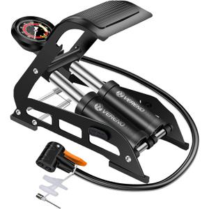 VERENO Double Barrel Bike Floor Foot Pump,Portable Air Pump Inflator Pump with 160PSI Precision Pressure Gauge Fits Presta Schrader and Deutschland Valve for Bicycle,Ball,Scooter,Car,Toys Inflatable (Black)