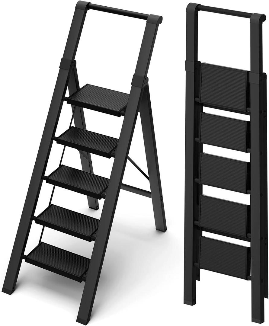 5 Step Ladder, Lightweight Folding Step Stool withConvenient Handgrip,Aluminum 330lbs Capacity Step Ladderfor Office,Household,Kitchen(Black)