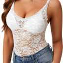 Rooscier Women's Lace Camisole Tops Deep V Neck Sheer Cami Tank Top Without Bra (White) L