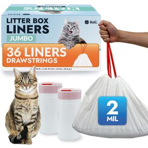 Reli. Cat Litter Box Liners (36 Count), Jumbo | Drawstring Litter Box Liner | Heavy Duty for Cat Pan, Pet Waste | Kitty Poop Bags, Drawstring Handles (White) (1 Count (Pack of 36))