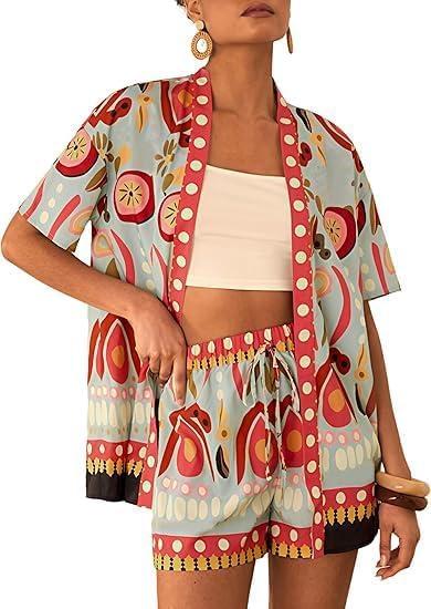 Women Boho Tropical Print Beach Cover Up Shorts Set 2 Piece Summer Lounge Outfit Lightweight Swimwear Matching Outfit (Large, 04red)