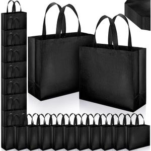 Epakh 48 Pcs Reusable Gift Bag with Handle Reusable Gold Grocery Tote Gift Bag Bulk Non Woven Glossy Bridesmaid Tote for Wedding Christmas Baby Shower Birthday Party (Black)