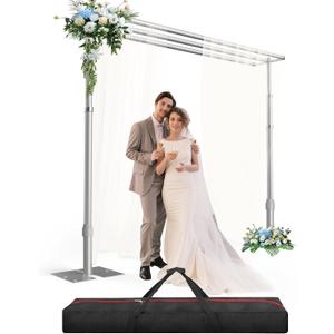 10x10ft Three Crossbar Heavy Duty Backdrop Stand for Wedding | Adjustable Pipe and Drape BackDrop Frame with Foldable Metal Base, 4 Side Crossbars Hang for Photo Party Decoration - Sliver