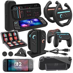 Switch 2 Accessories Bundle 2025  9-in-1 Deluxe Gift Set with Fast Charging Dock, Travel Carry Case & Racing Wheels  All-in-One Starter Kit for Nintendo Switch 2 Gamers & Families