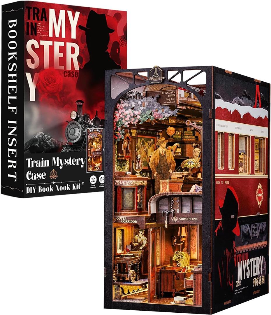 Fsolis Book Nook Kit, DIY Miniature Room House Kit for Adult Decorative Bookend Bookshelf Bookcase Nook Decor Gifts for Women Teens and Book Lovers(Train Mystery Case)