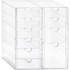 Prsildan Acrylic Drawer Makeup Organizer with 10 Drawers, Set of 2 Office Desk Organizers Accessories, Clear Stackable Storage Drawers for Vanity, Countertop, Craft, Jewelry, Art Supply Organization