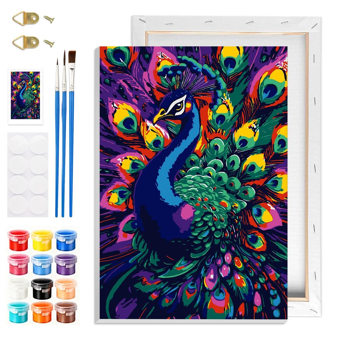 GHHKUD Peacock Paint by Numbers with Frame for Adults Beginners, DIY Animal Paint by Numbers for Age 6-12, Art on Canvas Gifts Home Wall Decor 8x12in