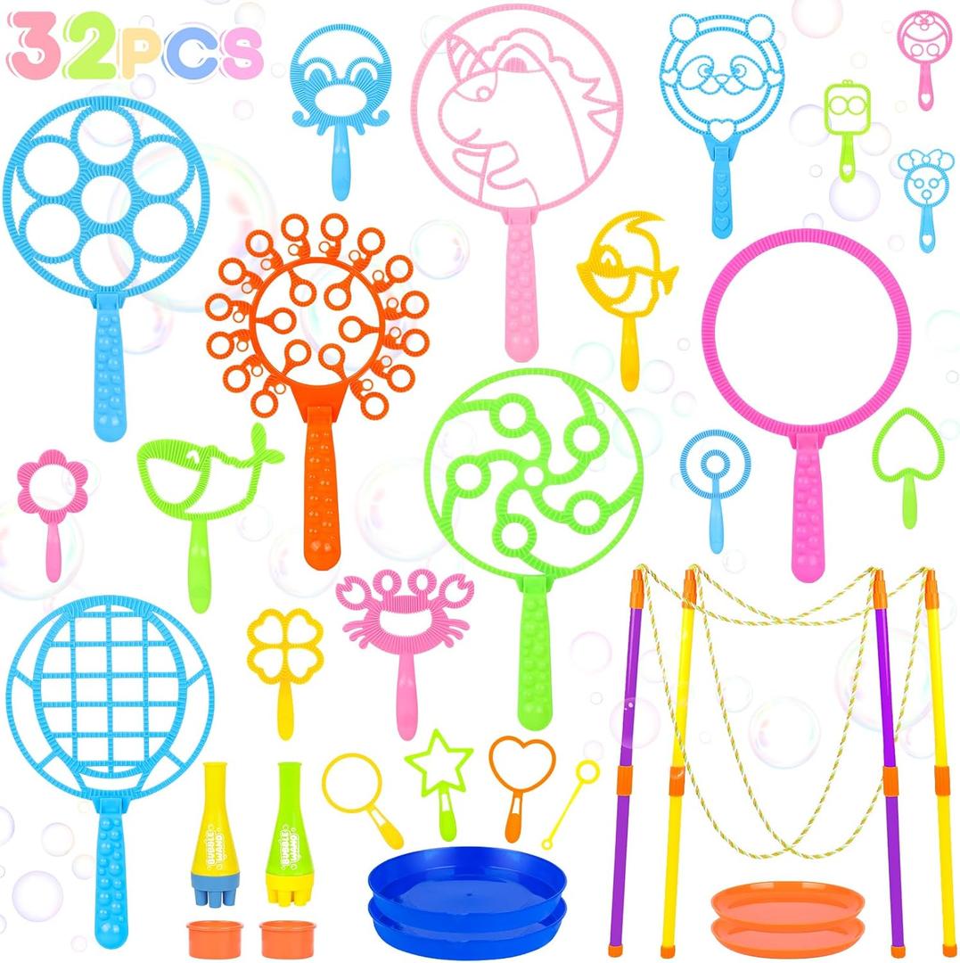 REZUCREY 32 Pcs Big Bubble Wands Toys Set, Giant Bubble Wands with Tray for Kids Summer Outdoor Toys Bubbles Party Favors Bubbles Maker Bulk for Kids Toddlers Boys Girls Age 3 4 5 6 7 8+
