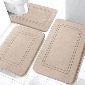 YIHOUSE Memory Foam Bath Mat Set, Bathroom Rugs Sets 3 Pieces, Non Slip Bath Mats for Bathroom, Super Soft and Water Absorbent Bath Rug Set, Machine Washable U Shape Toilet Rug,Beige