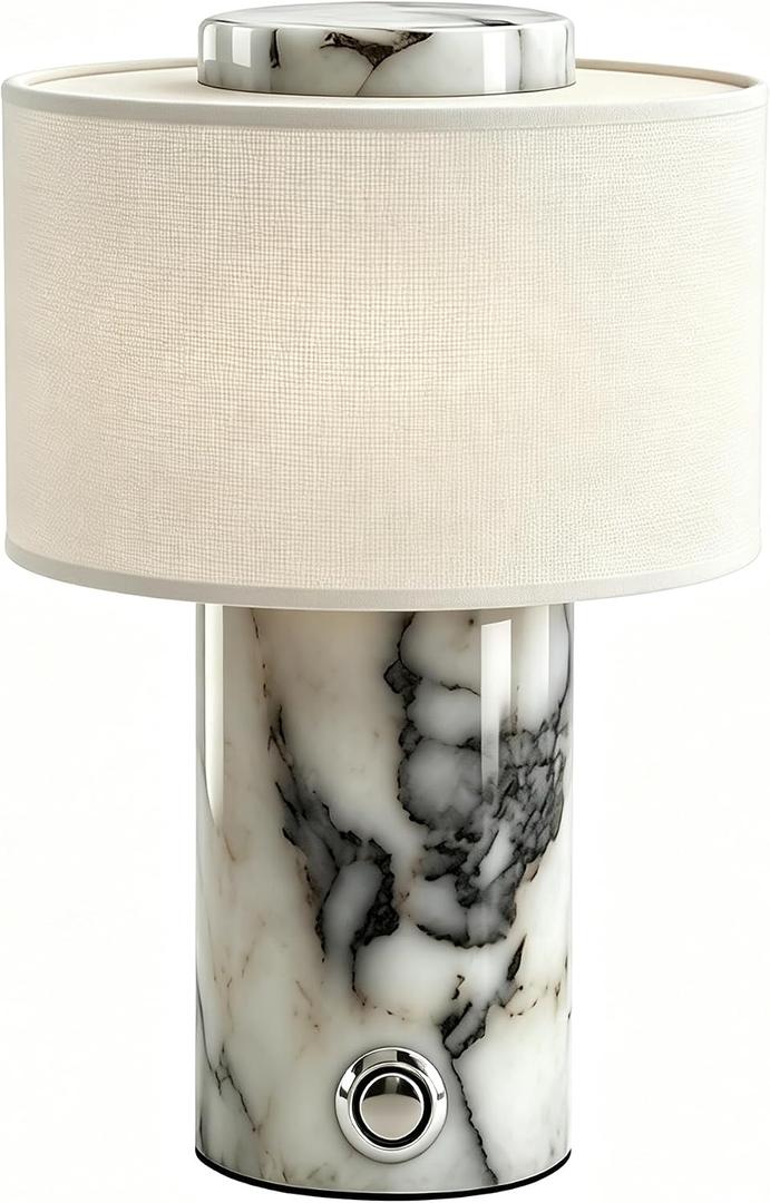 Cordless Marble Table Lamp,Rechargeable Touch Stone Night Light | Natural stone base,5W LED,4000mAh battery,Type-c,Linen Cloth Fiber Lampshade,Bedroom Living Room Office，White