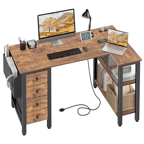 Amazon.com: Lufeiya L Shaped Desk with Drawers & Storage Shelves, 47 Inch Small Reversible Corner Desk with Power Outlet for Home Office Bedroom, L-Shaped Gaming PC Computer Desks with Fabric Drawer, Rustic Brown : Home & Kitchen