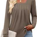 Funlingo Women's Puff Long Sleeve Tops Dressy Casual Square Neck Pleated Work Blouse Fall Trendy Tunic Flowy Chiffon Shirts (Brown, S)