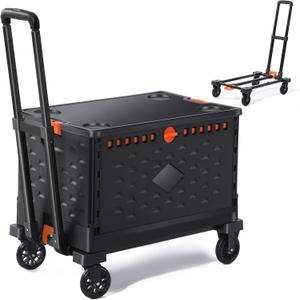 Collapsible Crate+Folding Hand Truck Set -No Assembly Required-Teacher Collapsible Rolling Cart with Wheels,Shopping Cart for Groceries,Crate On Wheels and Tote Basket,Mobile Storage for File, Book