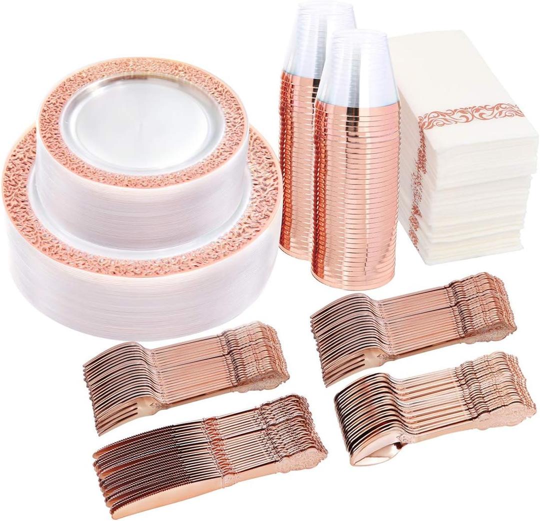 I00000 50 Guests Clear Rose Gold Plastic Plates - Disposable Dinnerware Set Includes: 100 Clear Rose Gold Plastic Plates, 150 Silverware, 50 Napkins, 50 Cups Perfect for Party & Wedding (350 Piece(50 Guests), Clear Rose Gold)