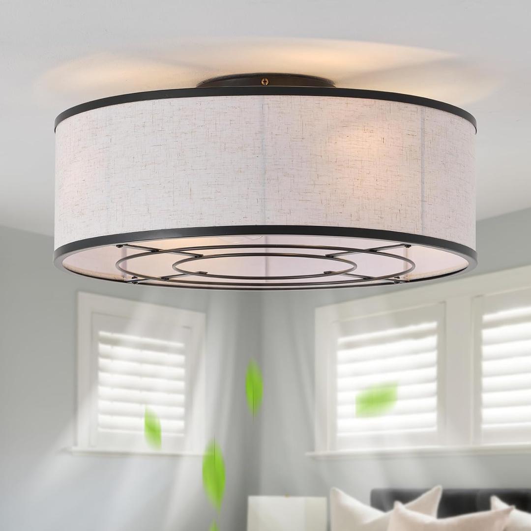 20" Black Low Profile Ceiling Fans with Lights, Boho Flush Mount Ceiling Fan with Light and Remote, Rattan with 6 Speeds for Bedroom, Nursery, Living Room, Small