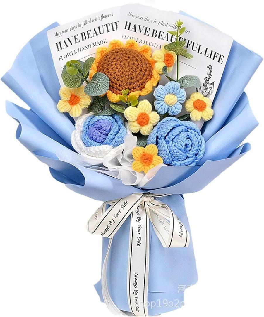 Crochet Flower Bouquet, Knitted Flowers, Artificial Sunflower Crocheted Flowers Crochet Roses for Lover Anniversary Birthday Party Mother's Day Wedding Graduation Gifts (Blue)
