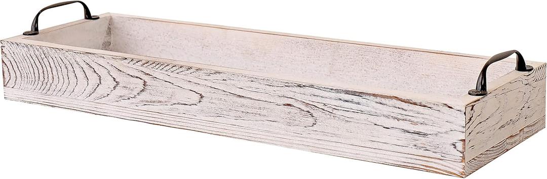 Rustic Wooden Serving Trays Rectangular with Handle,Ottoman Tray for Living Room 16 Inch Long for Serving Wine(Whitewashed)