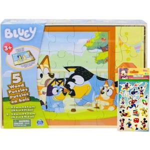 Bluey 5 Wood Puzzles with Storage Box, 72 Exclusive Mickey Mouse Clubhouse Stickers and Star Wars 300+ Stickers Bundle for Kids - Ages 3 and Up