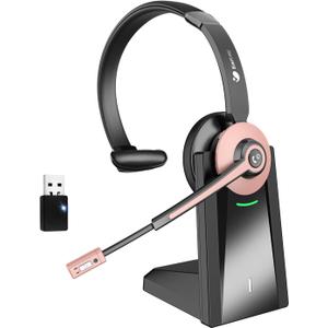 Wireless Headset with Mic for Work, Bluetooth Headset with Noise Cancelling Mic & USB Dongle for Meeting, Single Ear Work Headset with Charging Base & Mute for Teams/Zoom/Home/Office/Computer/Laptop