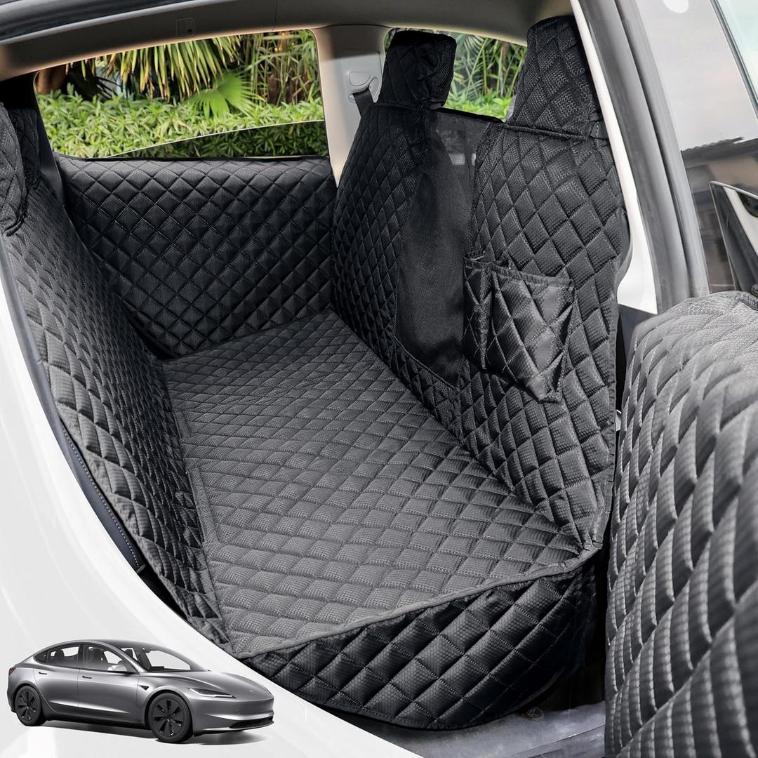 PETICON Dog Seat Covers for Tesla Model 3 & Y Back Seat with 2 Pack Door Protectors, 100% Waterproof Dog Hammock for Tesla with Mesh Window & Headrest Protection Prevents Scratches and Scuffs (black)