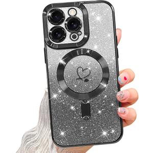 NITITOP Compatible with iPhone 15 Pro Case Cute Clear Glitter [Compatible for MagSafe] Plating Heart Sparkle Bling Magnetic Girl Women Electroplated Frame Camera Protection Back Cover - Black