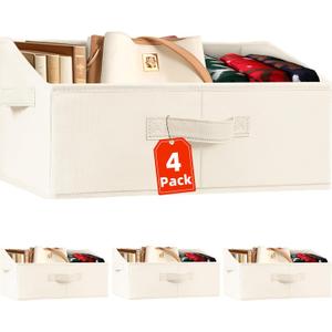 Criusia Closet Organizers Bins 4 Pack - Large Closet Shelf Organizer with Handles - Fabric Trapezoid Home Organization and Storage Baskets for Organizing Clothes Toy Blanket Towel Purse Hats (Beige)