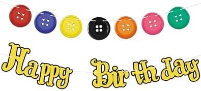2 Pack HOMEZZO Button Theme Decorations, Button-Eye Birthday Banner Mystery Blue Hair Doll for Halloween, Kids Birthday Party Supplies