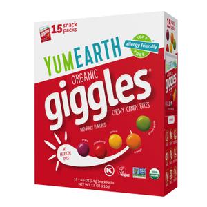 YumEarth Organic Giggles Chewy Candy Allergy Friendly, No Artificial Dyes, Non GMO, Gluten Free, Fruit Flavored, Vegan Candy Snacks with No Artificial Flavors, 0.5 oz (Box of 15), Best By: 12/19/26