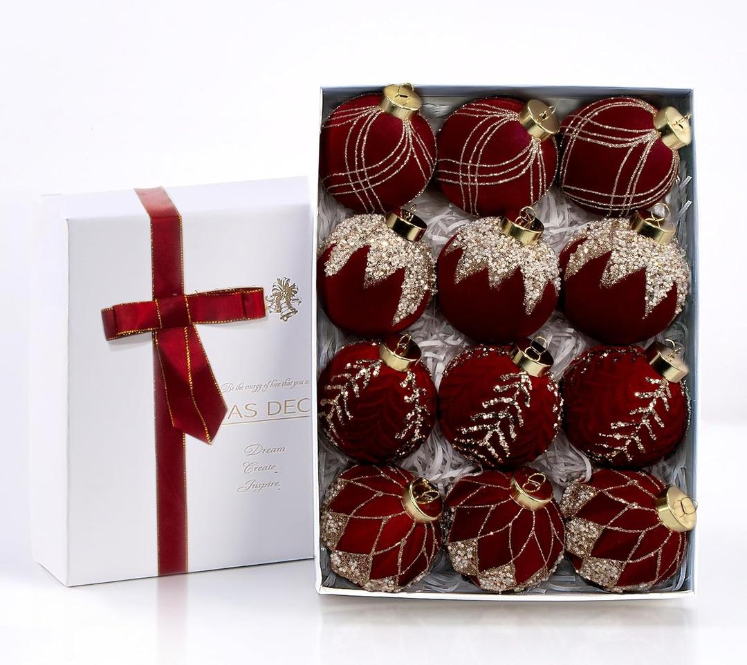 12PCS Velvet Glitter Christmas Ball Ornaments, 3.15 Inches Luxury Christmas Decorations, Elegance Modern Hanging Ornaments for Xmas Tree, Party, Wedding, Home Decor (Red)