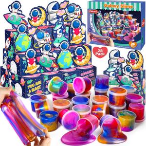 28 Pack Valentines Day Gifts for Kids, Galaxy Slime with Greeting Card Box Stress Relief Fidget Toy for Kids Party Favor Supplies, Classroom Exchange Prizes Valentine School Party Gifts