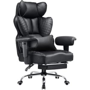 COMHOMA Big and Tall Office Chair Heavy Duty Wide Ergonomic Gaming Chair with Deluxe Embossing Designed Leather with Foot Rest,150Reclining Adjustable Armrests Pocket Spring Back Support and Pillow (03-space Black)