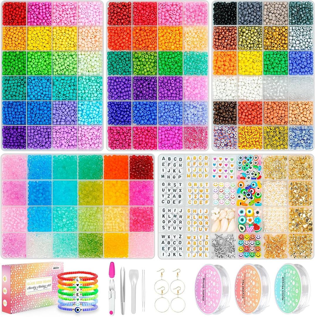 4mm Glass Seed Beads Waist Beads, 15500pcs 96 Colors 6/0 Small Beads for Friendship Bracelet Making Kit with String Cords Letter Charms for DIY Jewelry Making Crafts Kits