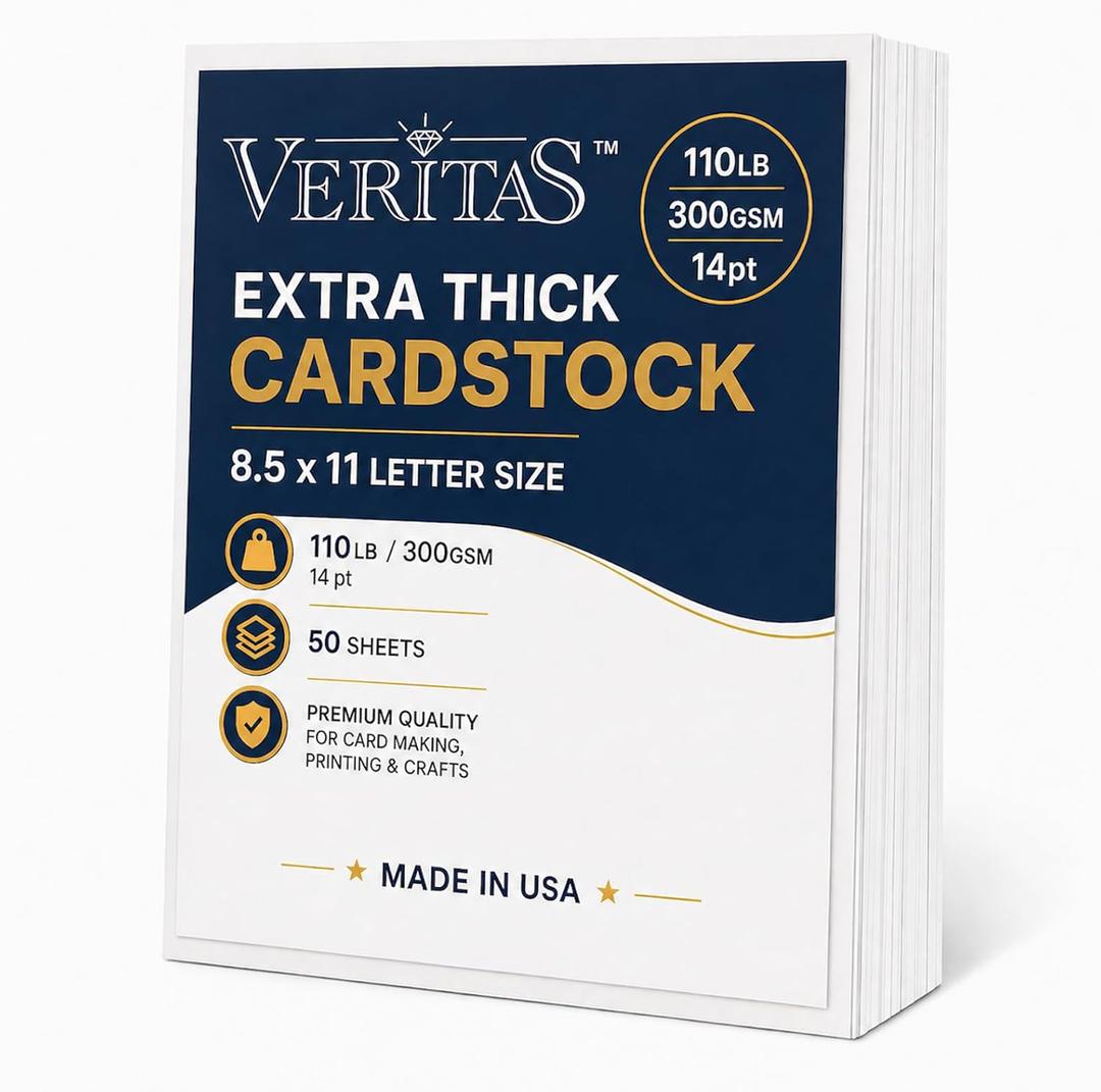 Veritas Extra Heavyweight White Cardstock 8.5 x 11, 110lb/300gsm Thick 14pt Cover Card Stock, 50 Sheets, Made in USA, for Invitations, Certificates, Greeting Cards, Covers & Presentation Projects