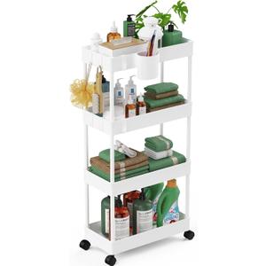 LEHOM Slim Rolling Storage Cart - 4 Tiers Bathroom Organizer Utility Cart Slide Out Storage Shelves Mobile Shelving Unit for Kitchen, Bedroom, Office, Laundry Room, Small Narrow Spaces (7.1" W+White)