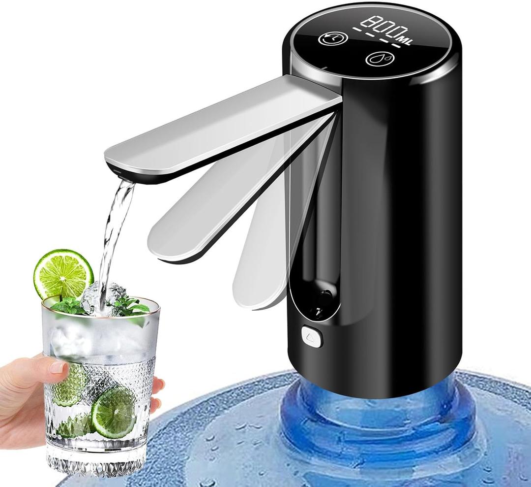 5 Gallon Bottle Water Dispenser, Foldable Universal Water Bottle Pump, Automatic Portable Electric Drinking Water Pump, Low Noise Digital Display, Suitable to Camp Travel Home Office (Folding Black)
