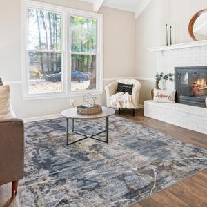 9x12 Area Rug, Modern Abstract Area Rug Machine Washable, Non Slip 9 x 12 Rugs for Living Room, Dining Room, Office Non Shedding Bedroom Carpet, Grey/Tan/Navy