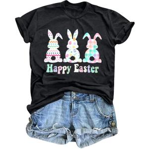 KIDDAD Easter Shirts for Women: Happy Easter Shirts Bunny Shirt Cute Rabbit Graphic Tshirt Casual Short Sleeve Tee Tops (M)