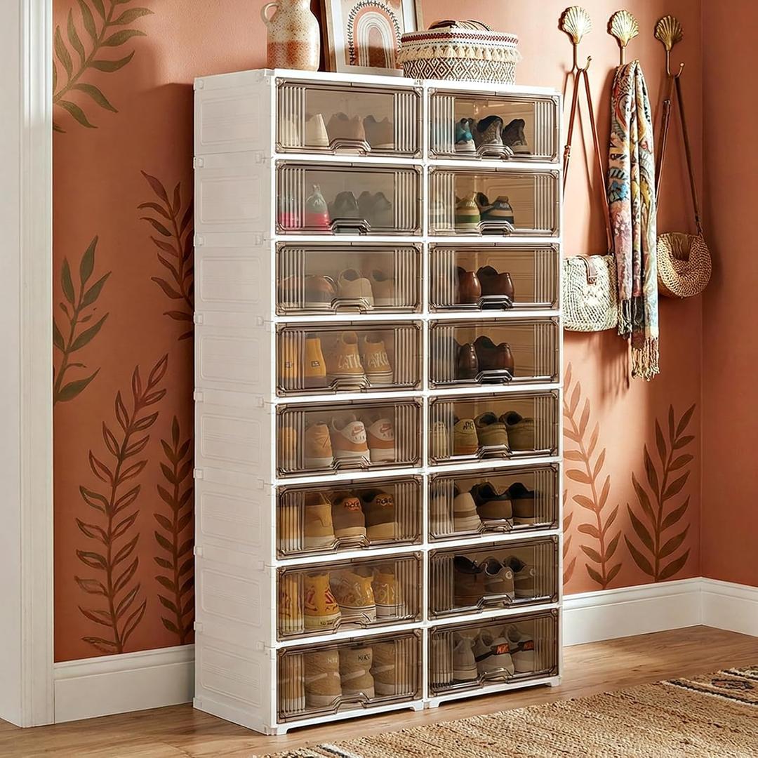 MAGINELS Wide-Width Shoe Rack Organizer for Large-Sized Shoes, Thickened Material with Better Quality,Stackable Sneaker Storage Cabinet,Easy Assembly,with Clear Door (8 Tier 32 Pairs)