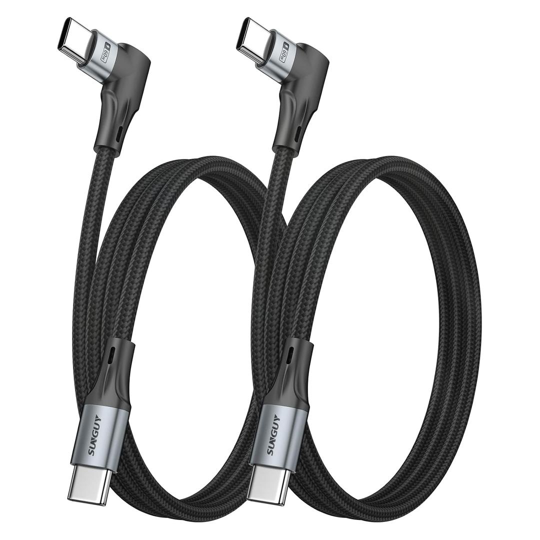 SUNGUY Right Angle USB C to USB C Cable [3FT 2-Pack], for Thick Case 60W Fast Charging 90 Degree Type-C Cord for i-Phone 17 16 15 Series, Samsung Galaxy S25 S24, i-Pad Pro, MacBook Pro