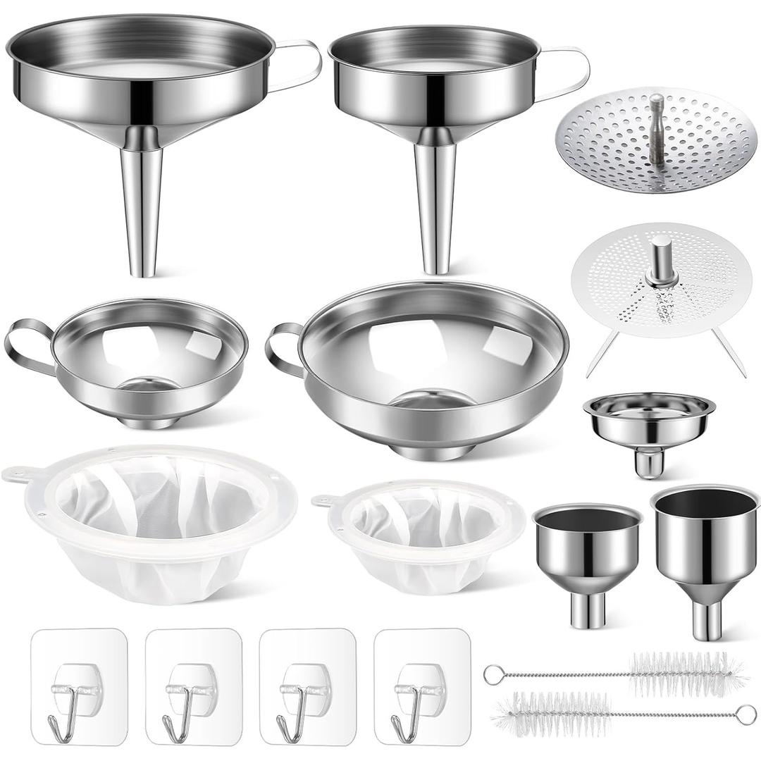 Baderke 17 pcs Stainless Steel Funnel Set Wide Mouth Canning Funnels Metal Mason Jar Funnel with Strainer Kitchen Funnels for Filling Mason Jars Mesh Filter Brushes and Adhesive Hooks, Silver