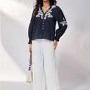 Milumia Women's Floral Embroidery Puff Long Sleeve Blouse Boho Button Front V Neck Shirt Tops (L)