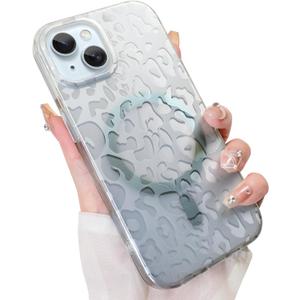 Cute Case for iPhone 15 Case for Women Girls [ Compatible with Magsafe ] Translucent Silver Cheetah Print Pattern Design, Aesthetic Glitter Sparkly Bling Leopard Magnetic Phone Cover