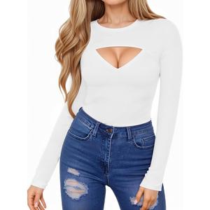 HERLOLLYCHIPS Womens Long Sleeve Tops Cold Shoulder Scoop Neck Zipper Front Fitted Shirts, XS