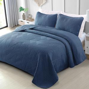 Exclusivo Mezcla Ultrasonic Full Queen Quilt Bedding Set, Lightweight Navy Blue Bedspreads Soft Modern Geometric Coverlet Set for All Seasons (1 Quilt and 2 Pillow Shams)