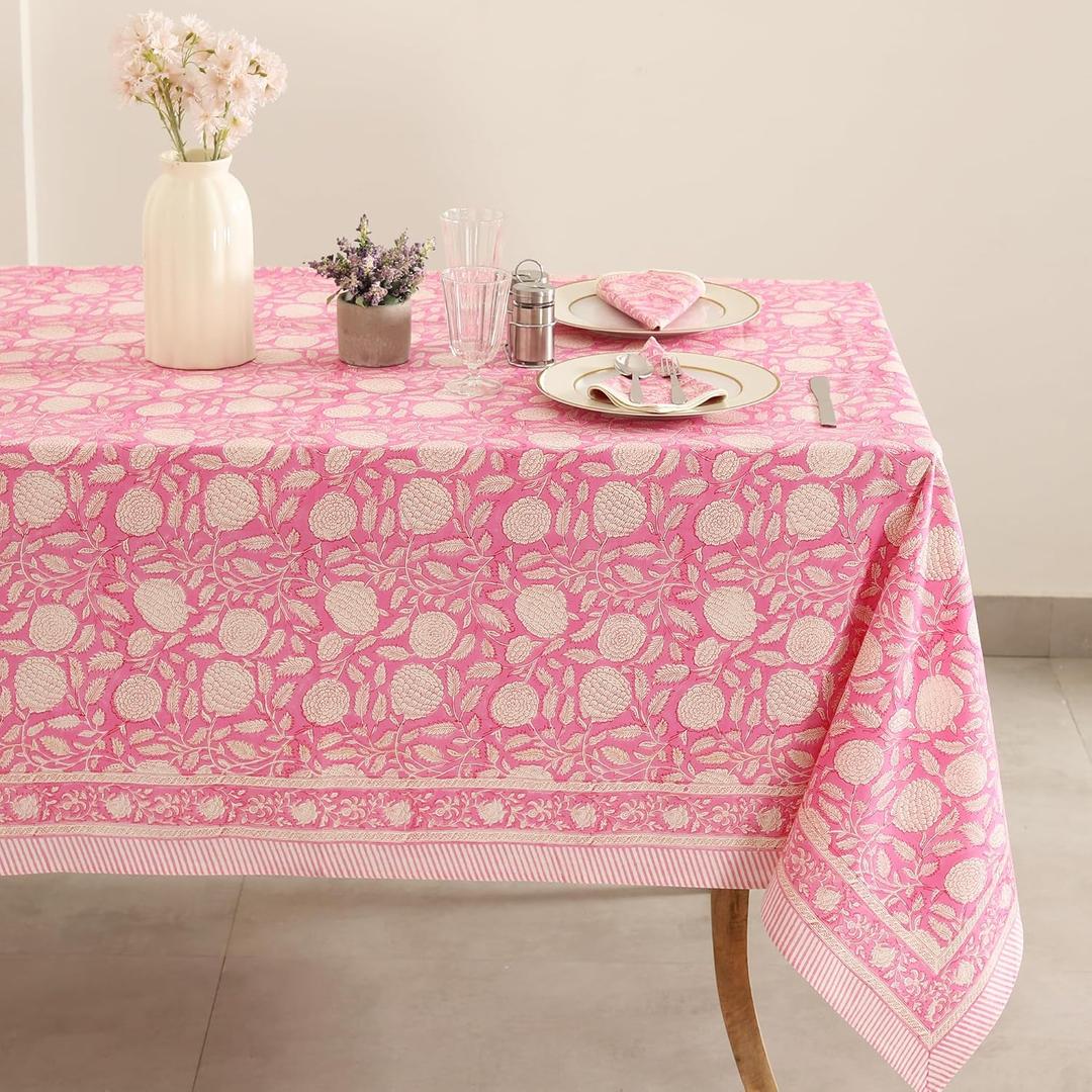Labhanshi Indian Handblock Print Floral Cotton Rectangle 72x135 Inch 10-Seater Dining Tablecloth|Washable Fade-Resistant Spring Easter Outdoor Camping Festive Holiday Table Cover|Hot Pink