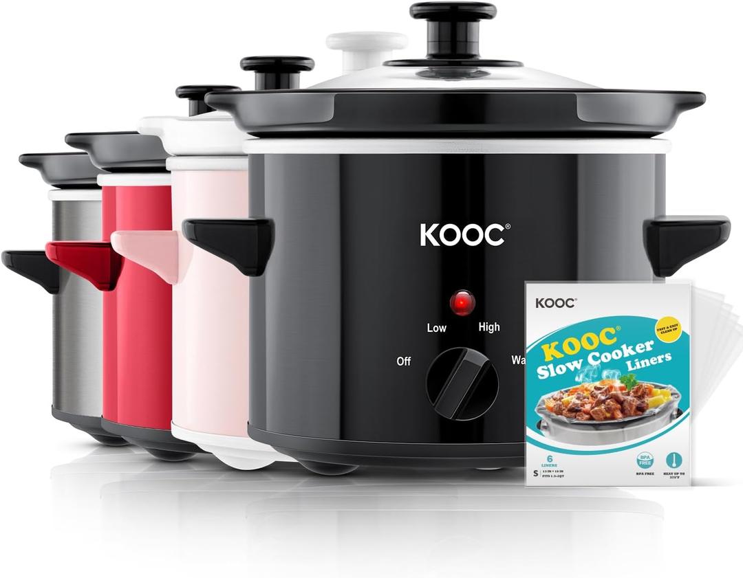 KOOC Small Slow Cooker, 2-Quart, Free Liners Included for Easy Clean-up, Upgraded Ceramic Pot, Adjustable Temp, Nutrient Loss Reduction, Stainless Steel, Black, Round