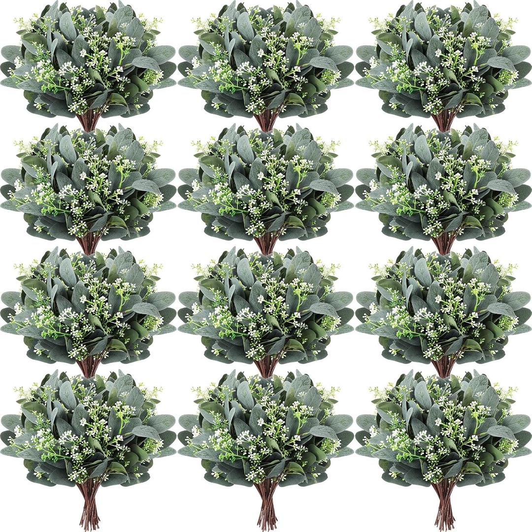 Janinka Mixed Eucalyptus Leaves Stems Bulk with White Seeds Artificial Silver Dollar Leaves Sprays Faux Oval for Wreath Garland Floral Bouquets Arrangement Wedding Greenery Decoration(70)
