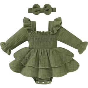 YOUNGER TREE Baby Girl Fall Clothes Infant Long Sleeve Ruffle Romper Dress with Headband Cute Toddler Winter Outfits, 3-6M